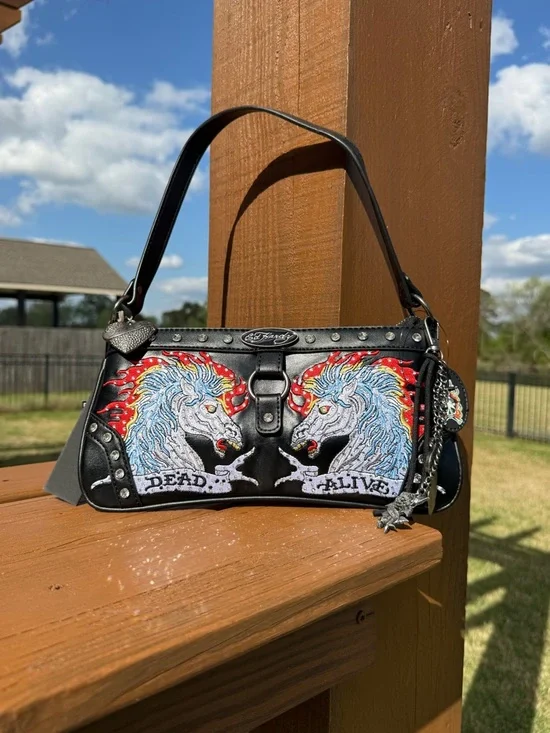NWT Ed Hardy Black Shoulder Bag with Twin Unicorn Embroidery - Picture 3 of 10